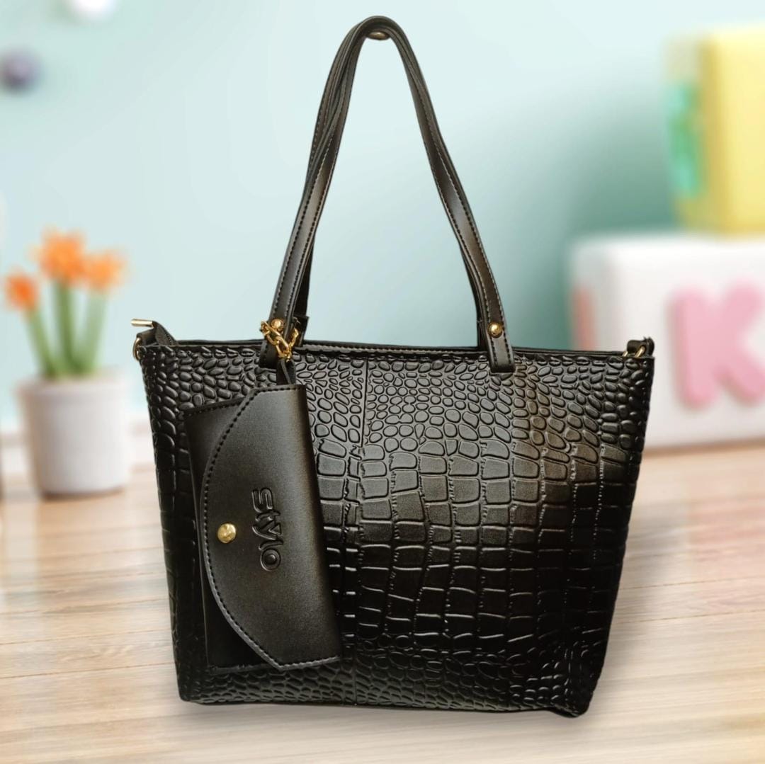 Stylish Women's Leather Textured Tote Bag with Matching Pouch