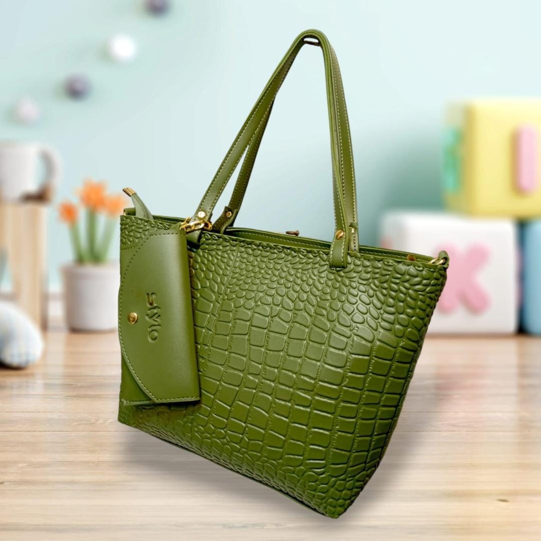 Stylish Women's Leather Textured Tote Bag with Matching Pouch