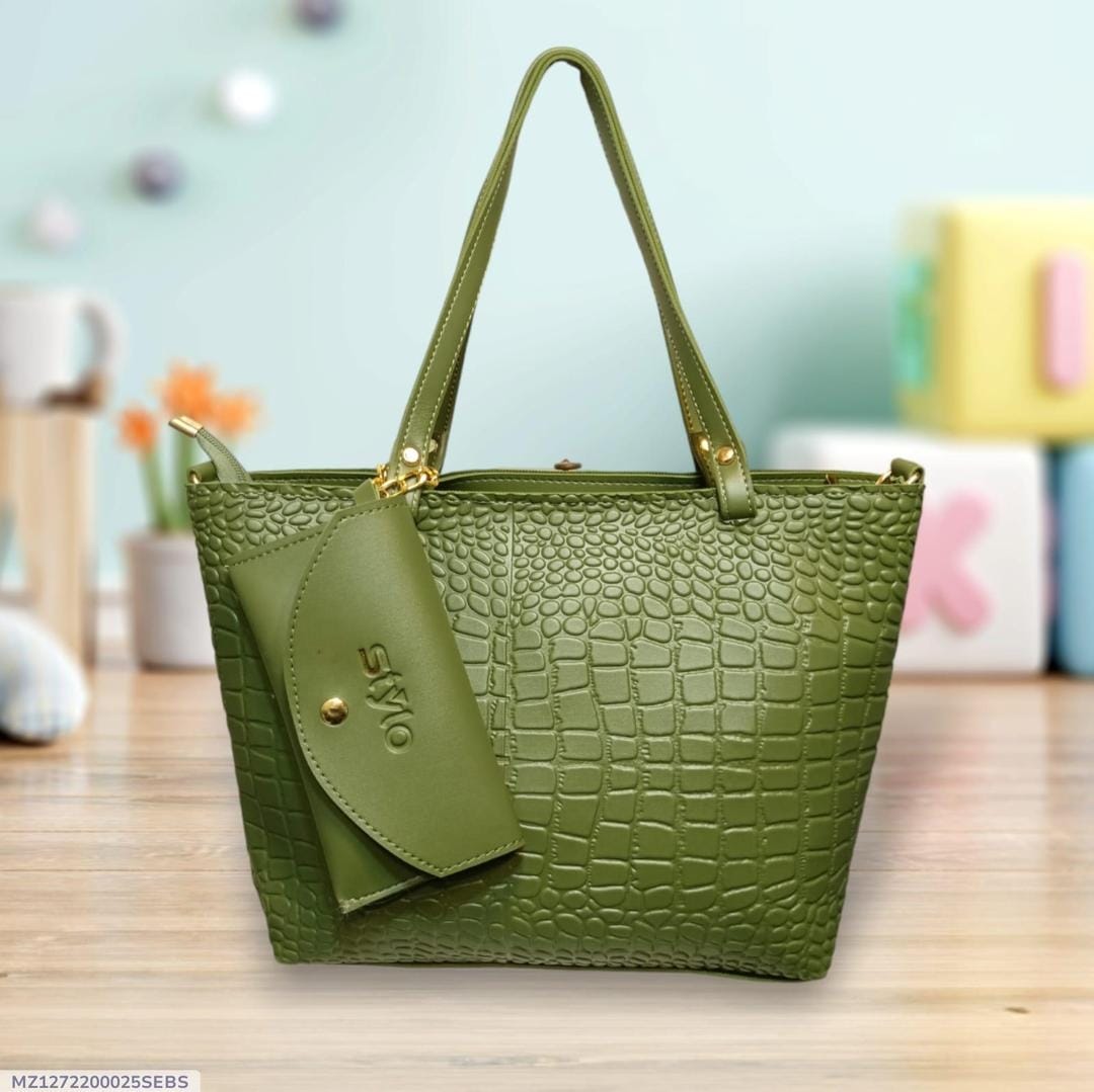 Stylish Women's Leather Textured Tote Bag with Matching Pouch