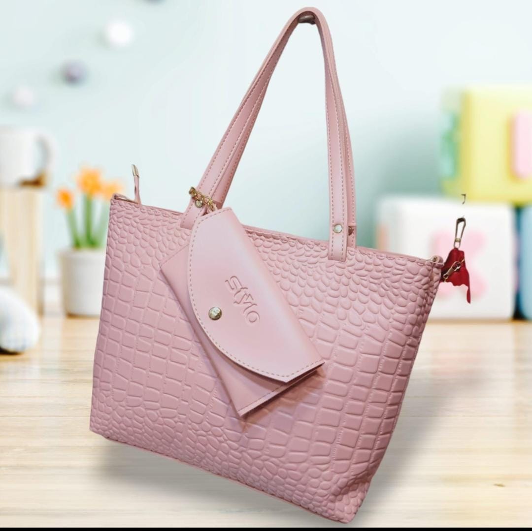 Stylish Women's Leather Textured Tote Bag with Matching Pouch