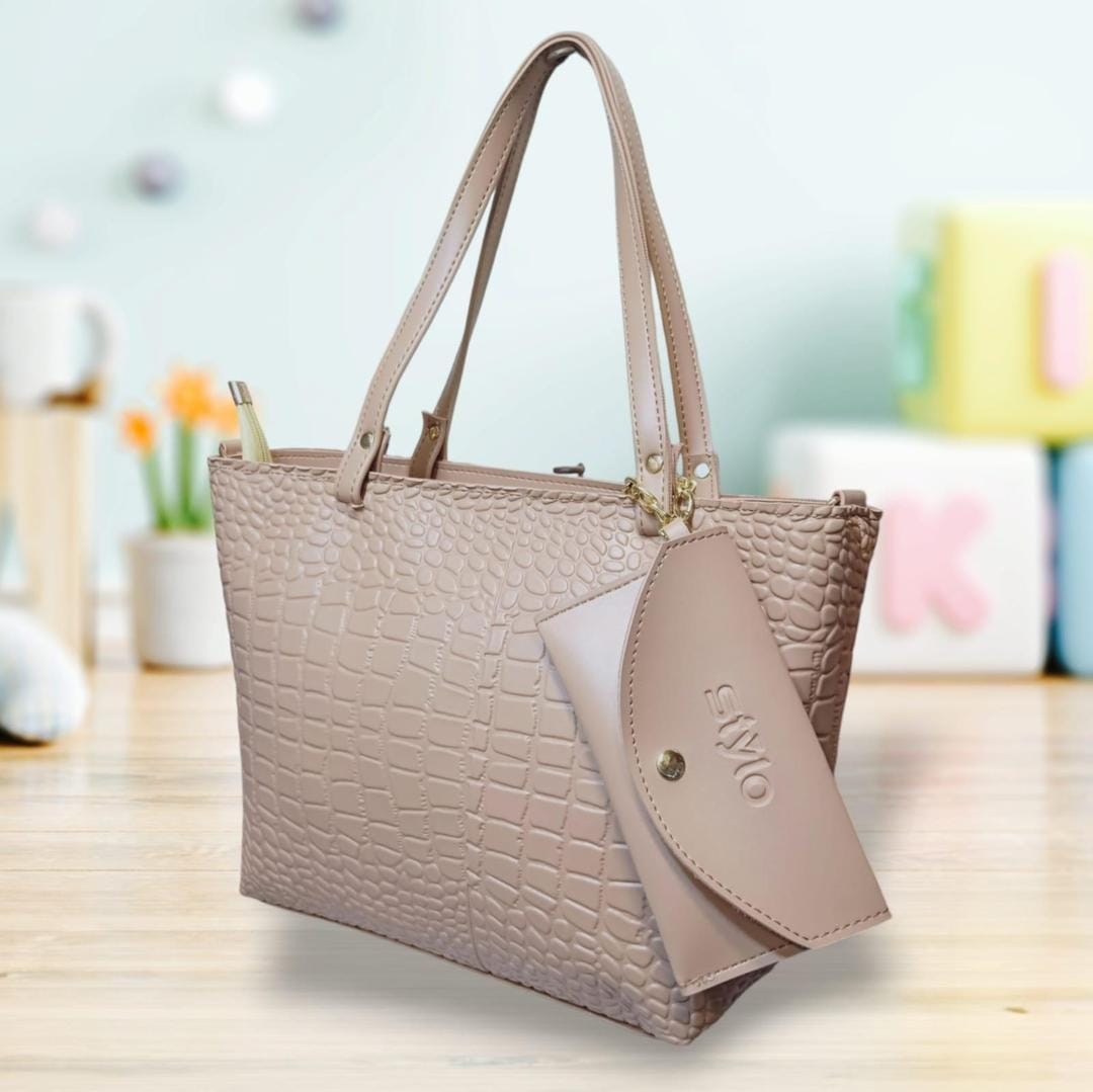 Stylish Women's Leather Textured Tote Bag with Matching Pouch