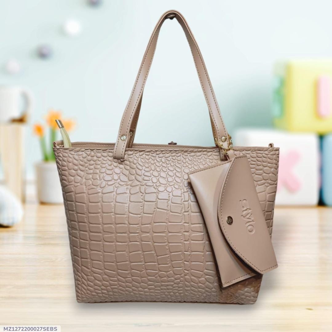 Stylish Women's Leather Textured Tote Bag with Matching Pouch